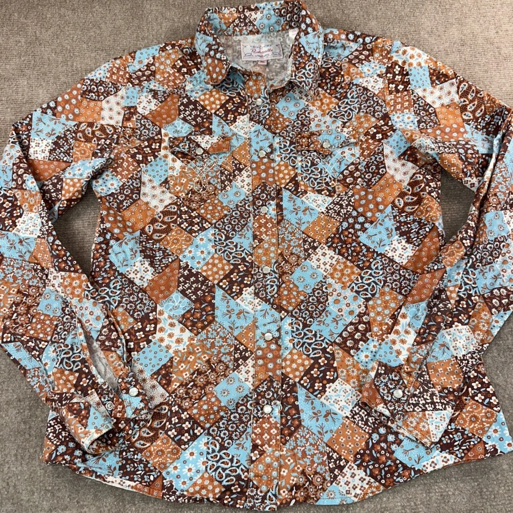 Panhandle Slim Womens XL Patchwork Floral Paisley Western Pearl Snap Shirt Blue